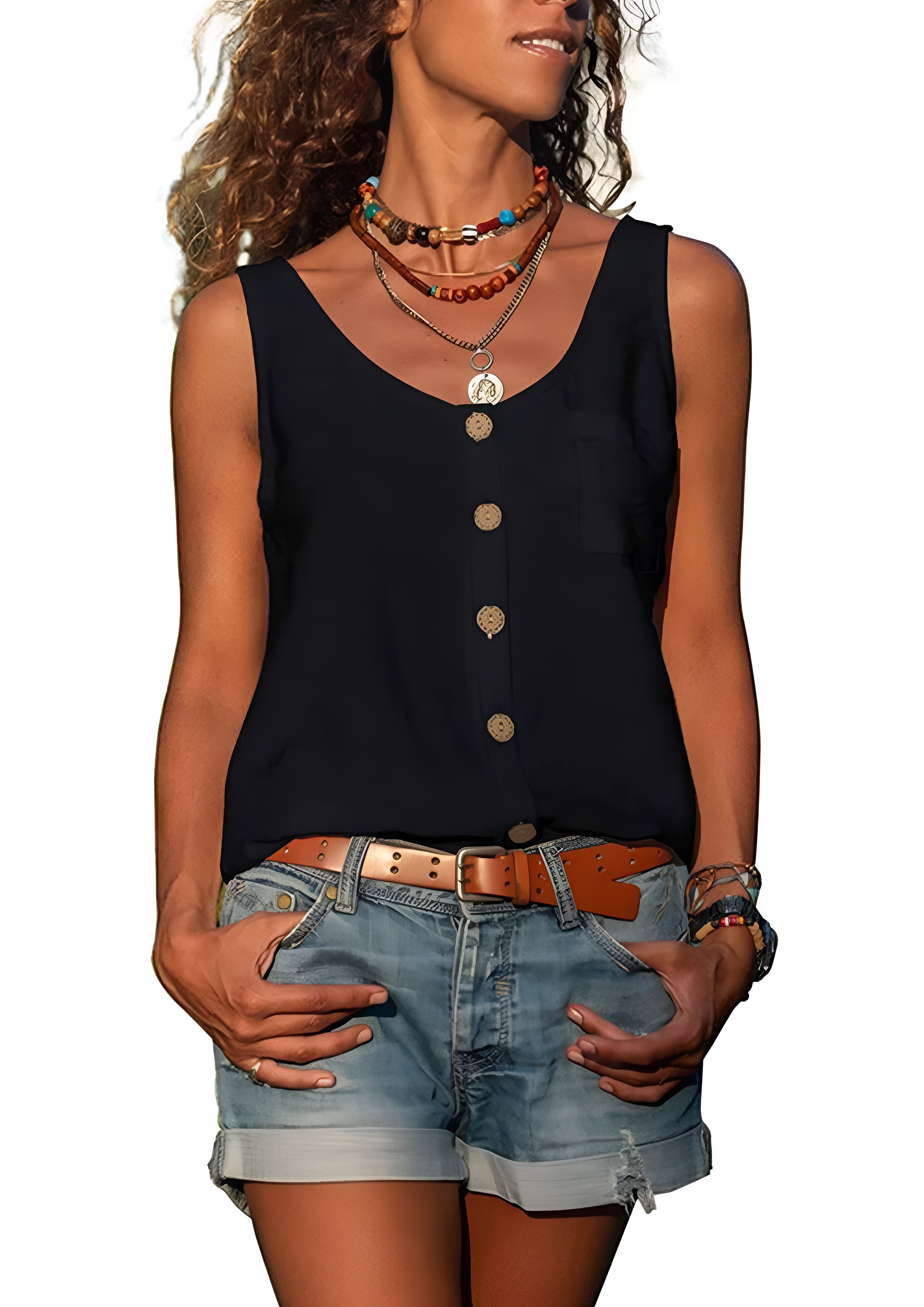 Women's Button Front Sleeveless Top - Summer Casual Wear