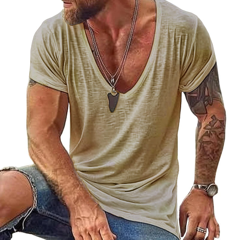 Men's Deep V-Neck T-Shirt Slub Texture Short Sleeve - Casual Wear