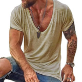 Men's Deep V-Neck T-Shirt Slub Texture Short Sleeve - Casual Wear