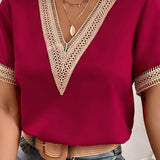 Women's Crochet Trim V-Neck Blouse - Casual Wear