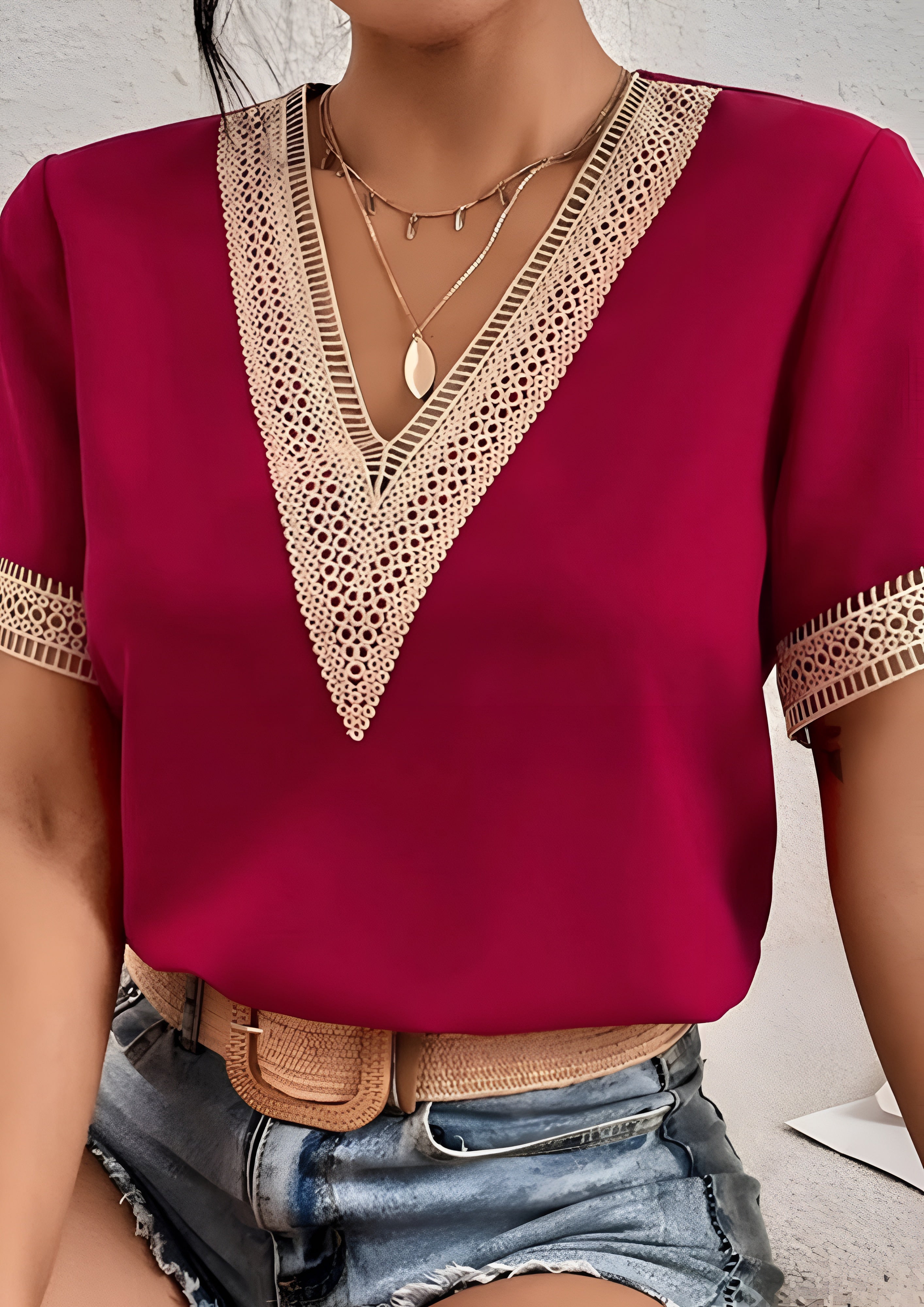 Women's Crochet Trim V-Neck Blouse - Casual Wear