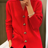 Women's V Neck Gold Heart Button Cardigan - Casual Chic