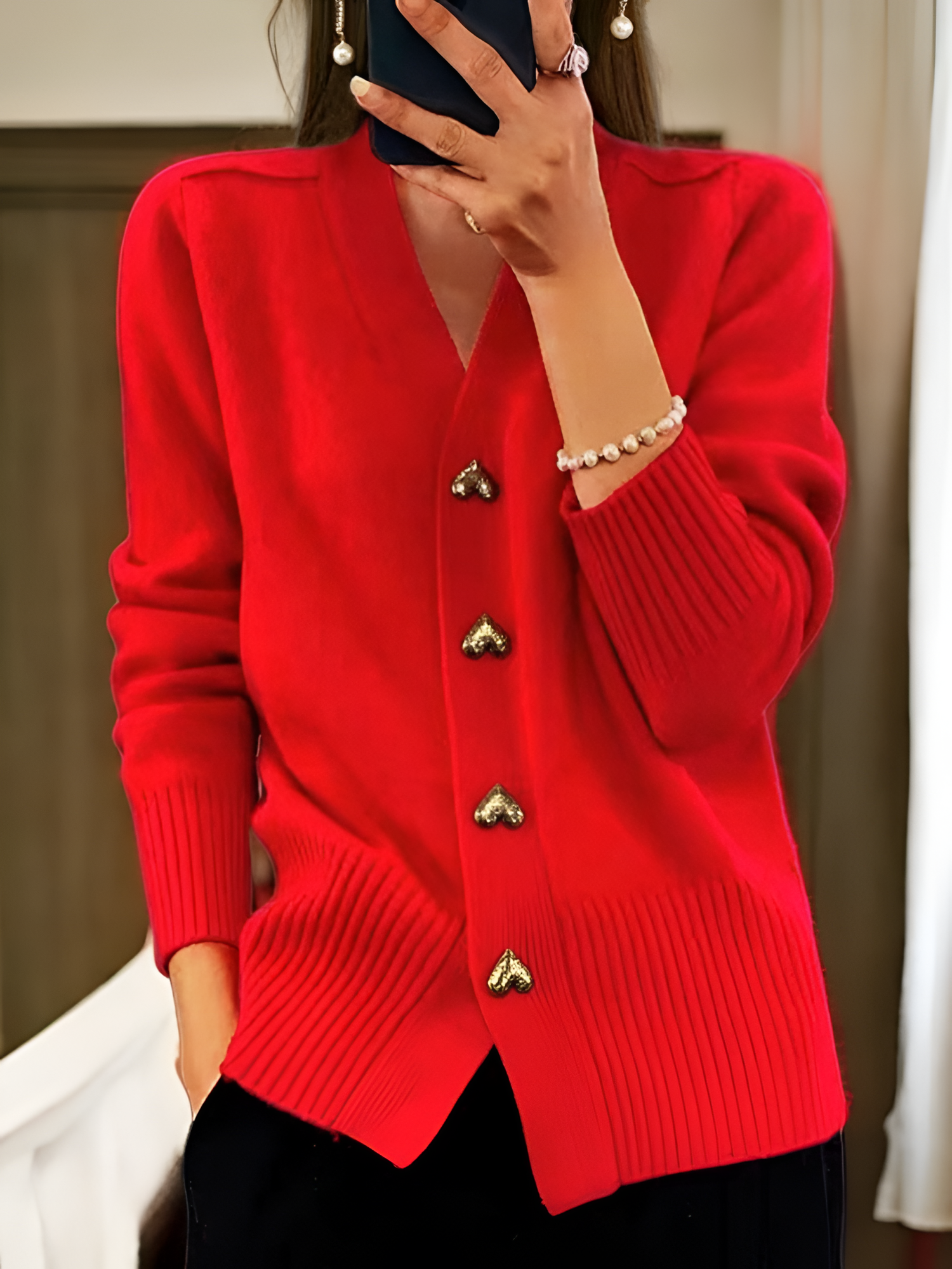 Women's V Neck Gold Heart Button Cardigan - Casual Chic