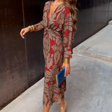 Women's Twisted Waist Long Sleeve Midi Dress - Wedding Guest