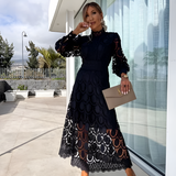 Women's High Neck Puff Sleeve Midi Dress - Wedding Guest
