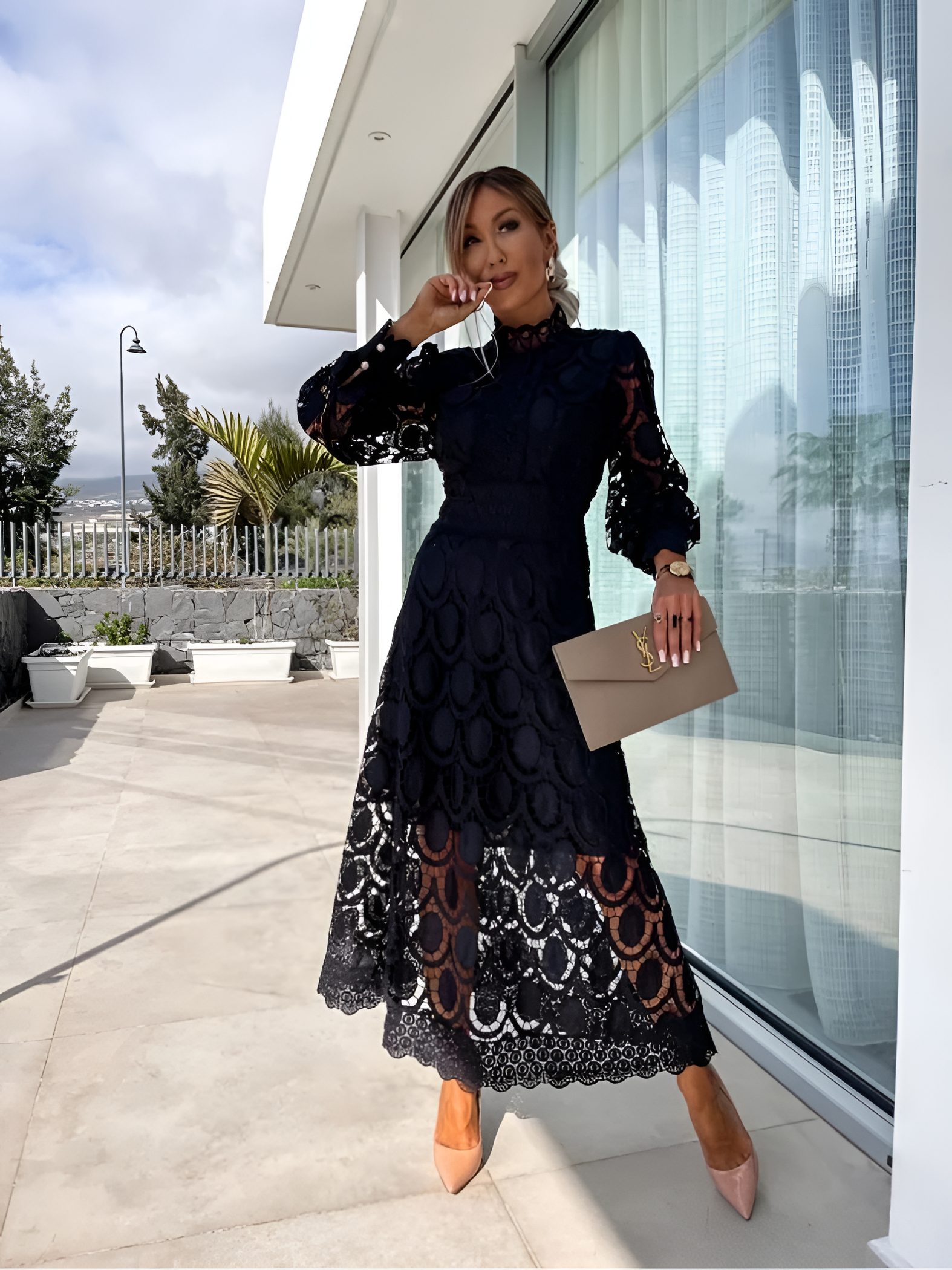 Women's High Neck Puff Sleeve Midi Dress - Wedding Guest