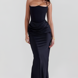 Women's Strapless Corset Bodice Draped Waist Maxi Dress - Special Occasion