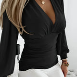 Women’s V-Neck Ruched Waist Blouse - Casual Office Wear