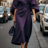 Women's Bell Sleeve Belted Wrap Dress - Professional Evening Wear