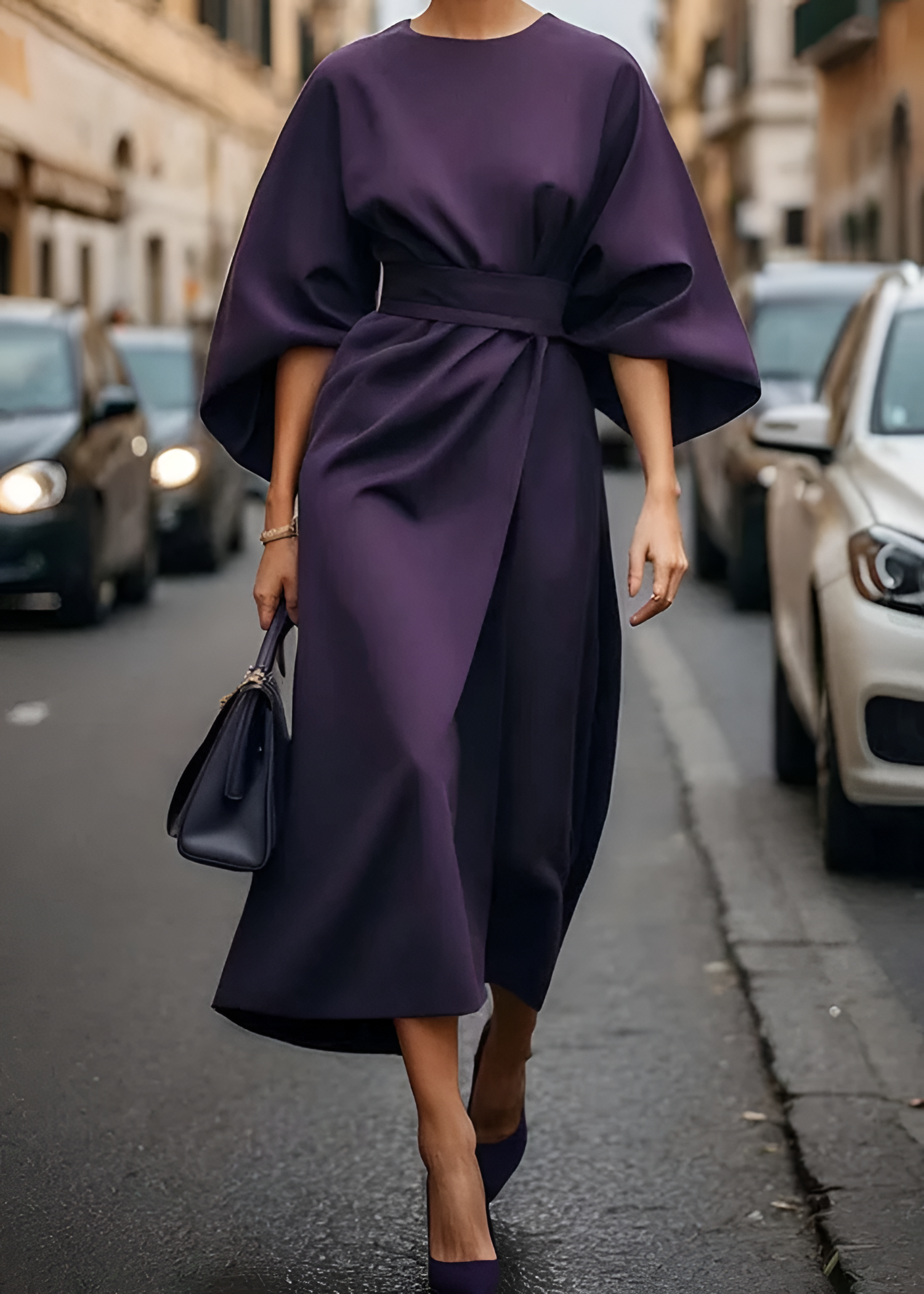 Women's Bell Sleeve Belted Wrap Dress - Professional Evening Wear