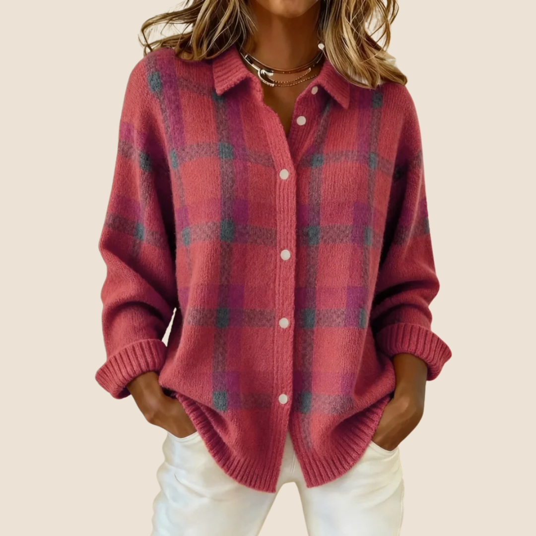 Womens Button-Up Sweater Plaid Pattern Relaxed Fit - Casual Wear