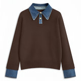 Women's Denim Panel Lapel Sweater - Casual Everyday Wear