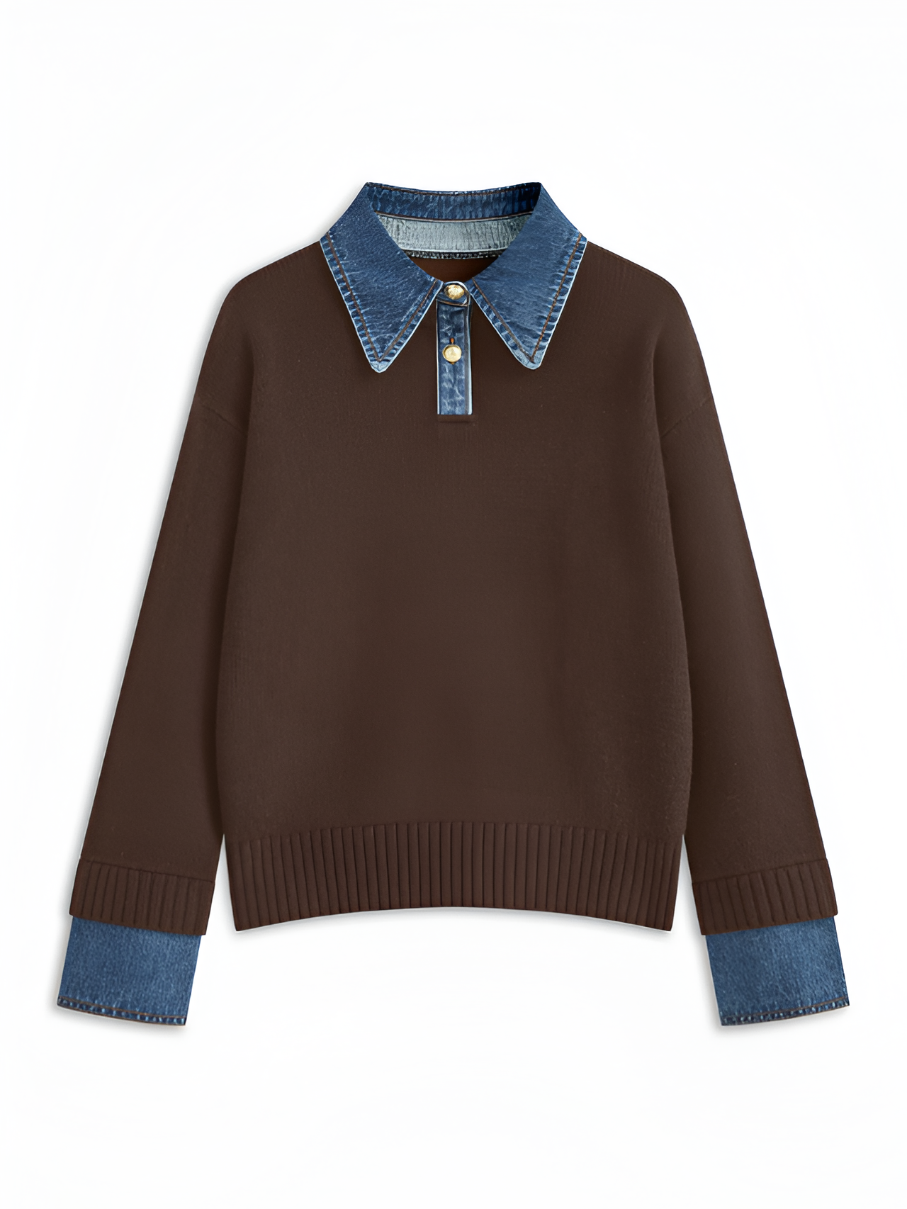 Women's Denim Panel Lapel Sweater - Casual Everyday Wear