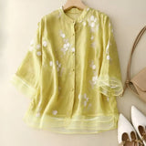 Women's Button-Down Blouse Floral Embroidery Sheer Trim - Casual Chic