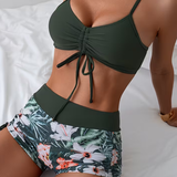 Women's Swimsuit Set Ruched Front Floral Print - Beach Vacation