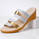 Women's Glitter Strap Metallic Wedge Sandals - Casual Summer Wear