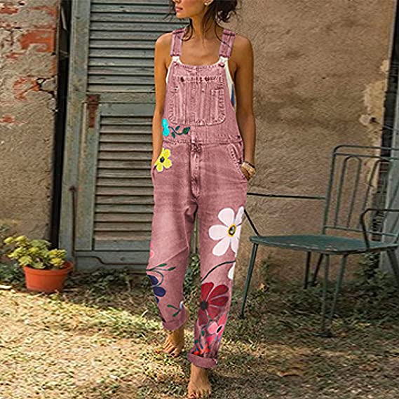 Women's Denim Overalls Floral Print Relaxed Fit - Casual Summer Wear