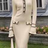 Women's Midi Dress Long Sleeve Button Front - Casual Wear