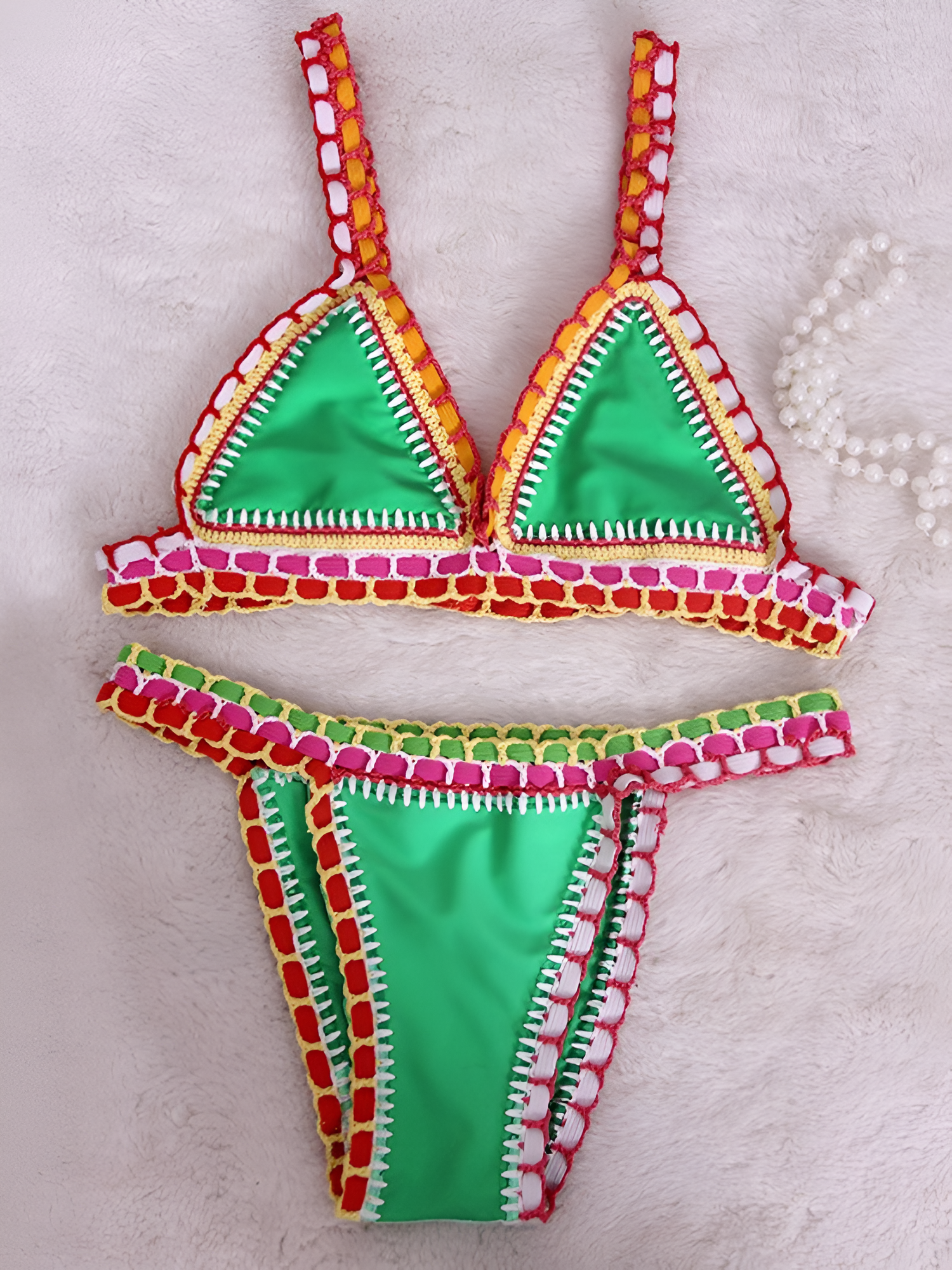 Women's Crochet Trim Triangle Bikini Set - Beach Vacation