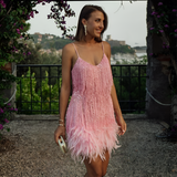 Women's Sequin Fringe Feather Mini Dress - Party Event