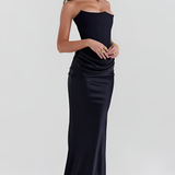 Women's Strapless Corset Bodice Draped Waist Maxi Dress - Special Occasion