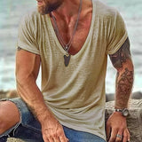 Men's Deep V-Neck T-Shirt Slub Texture Short Sleeve - Casual Wear