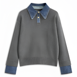 Women's Denim Panel Lapel Sweater - Casual Everyday Wear