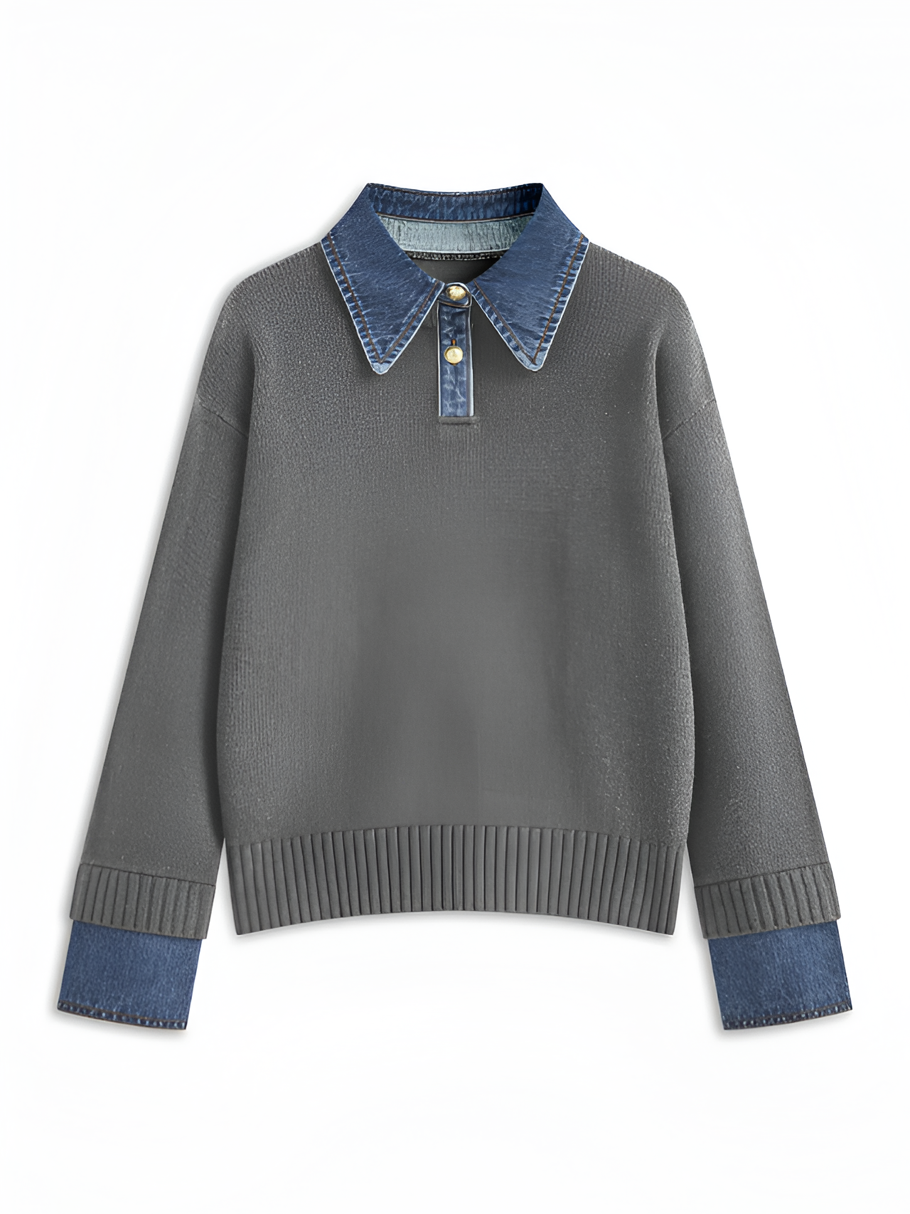 Women's Denim Panel Lapel Sweater - Casual Everyday Wear