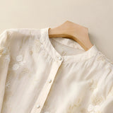 Women's Button-Down Blouse Floral Embroidery Sheer Trim - Casual Chic