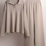 Women's Knit Polo Top And Wide Leg Pants Set - Casual Loungewear