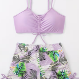 Women's Swimsuit Ruched Front Tropical Print - Beach Vacation