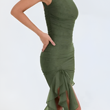 Women's Ruched Ruffle Midi Dress - Date Night