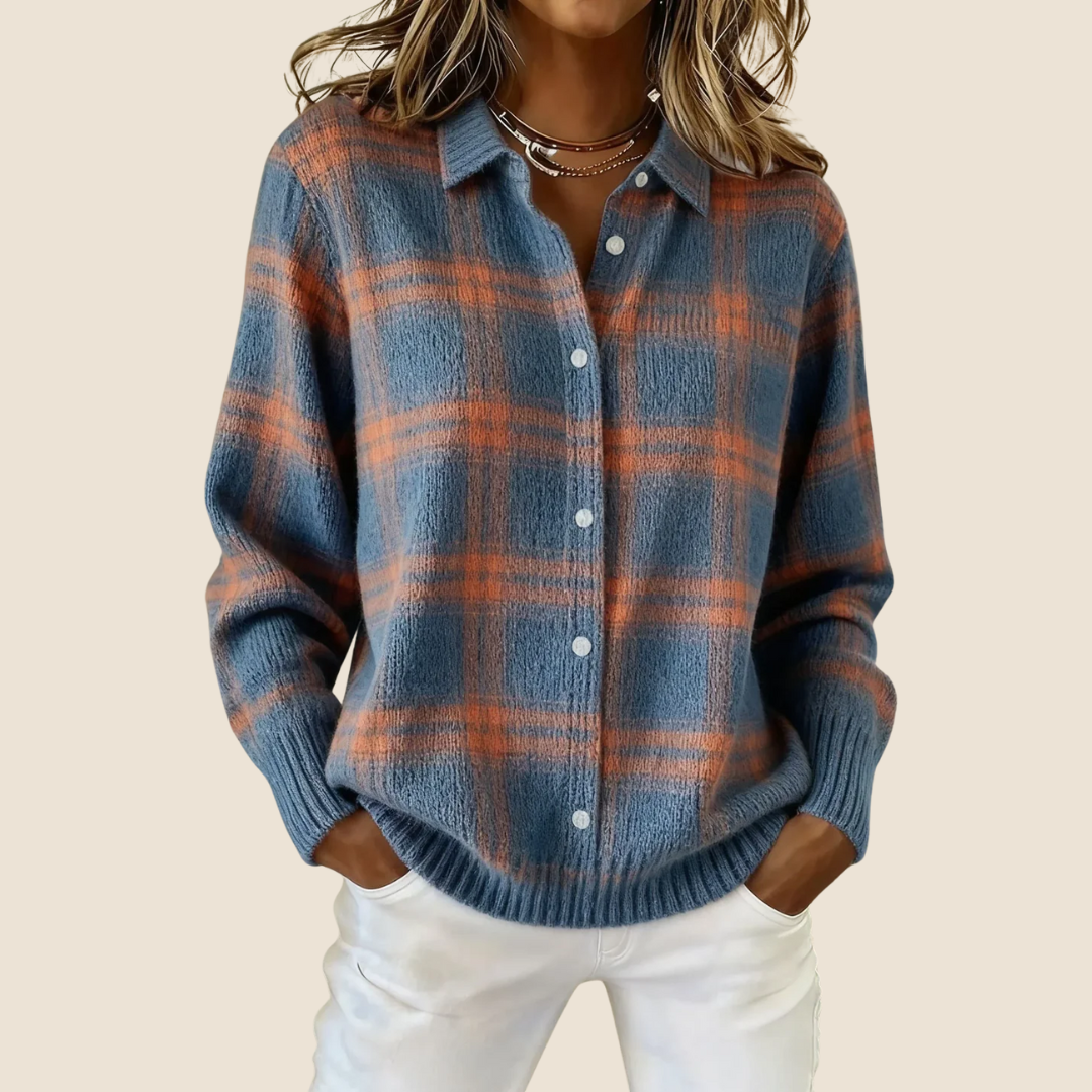 Womens Button-Up Sweater Plaid Pattern Relaxed Fit - Casual Wear