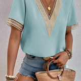 Women's Crochet Trim V-Neck Blouse - Casual Wear
