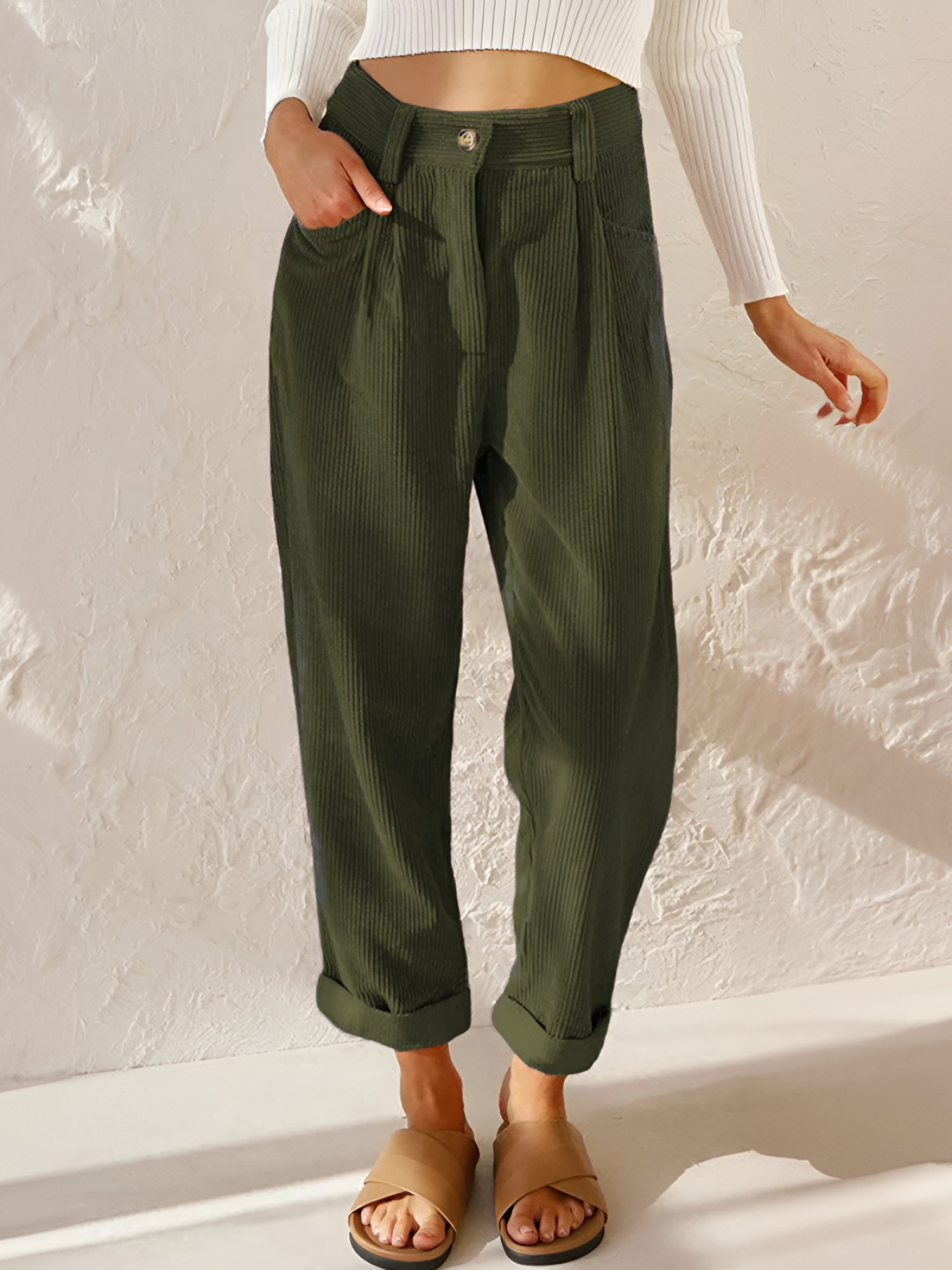 Women's High-Waisted Pleated Corduroy Trousers - Casual Daily Wear