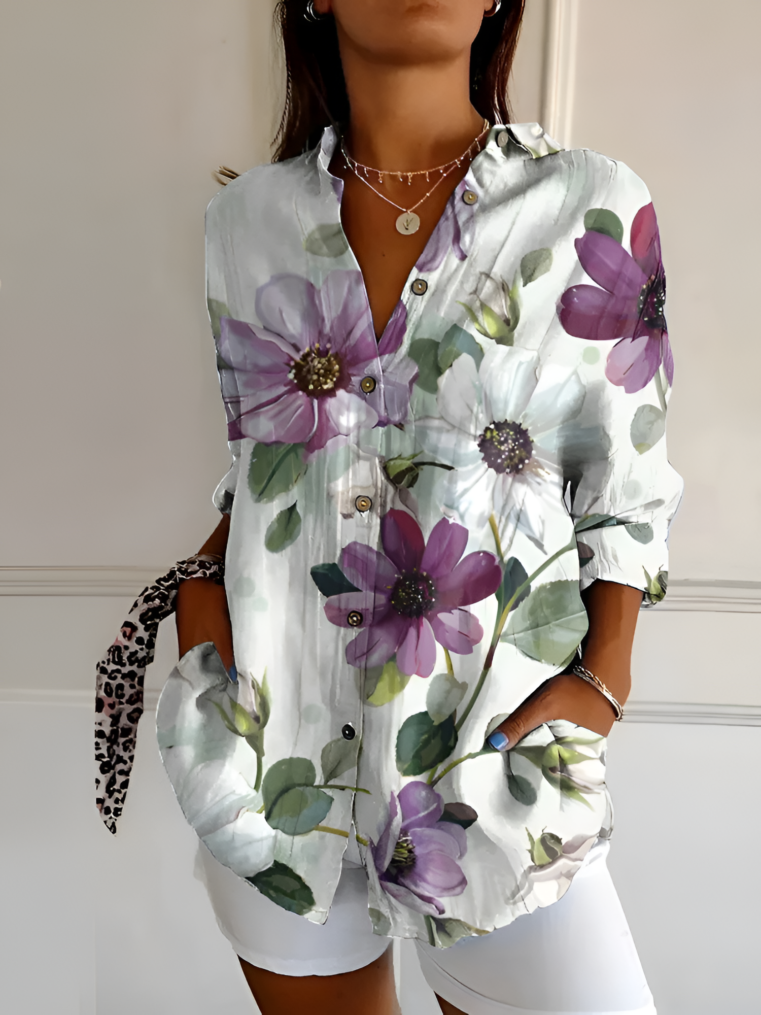 Women's Floral Print Long Sleeve Shirt - Casual Wear