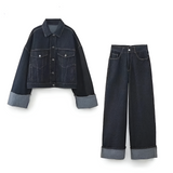 Women's Deep Wash Cuffed Jacket Set - Casual Streetwear