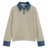 Women's Denim Panel Lapel Sweater - Casual Everyday Wear