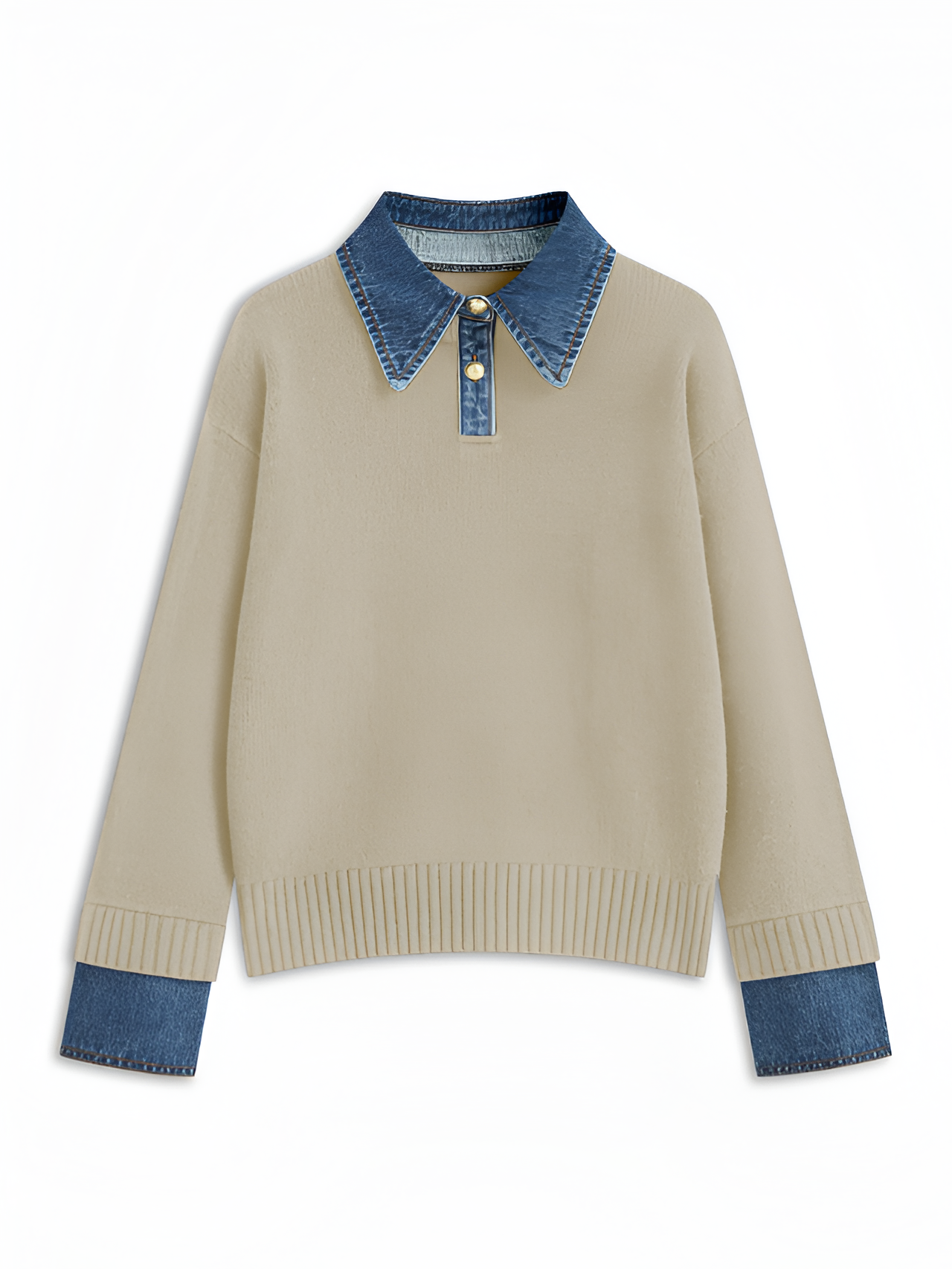 Women's Denim Panel Lapel Sweater - Casual Everyday Wear