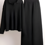 Women's Knit Polo Top And Wide Leg Pants Set - Casual Loungewear