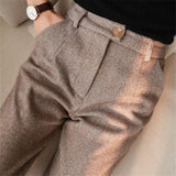 Women's Trousers High-Waisted Herringbone Pattern - Office Wear