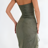 Women's Ruched Ruffle Midi Dress - Date Night