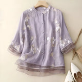 Women's Button-Down Blouse Floral Embroidery Sheer Trim - Casual Chic