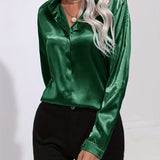 Women's Button Down Blouse Glossy Long Sleeve - Evening Wear