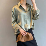 Women's Long Sleeve Elegant Satin Button Down Blouse - Work & Casual Wear