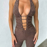Women's Summer Bodycon Strappy Jumpsuit with Deep V-Neck and Halter