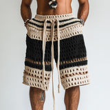 Men's Crochet Shorts Drawstring Striped - Beach Wear