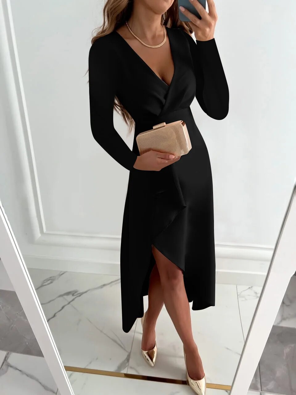 Women's Midi Dress Long-Sleeve Surplice-Neck - Cocktail Party