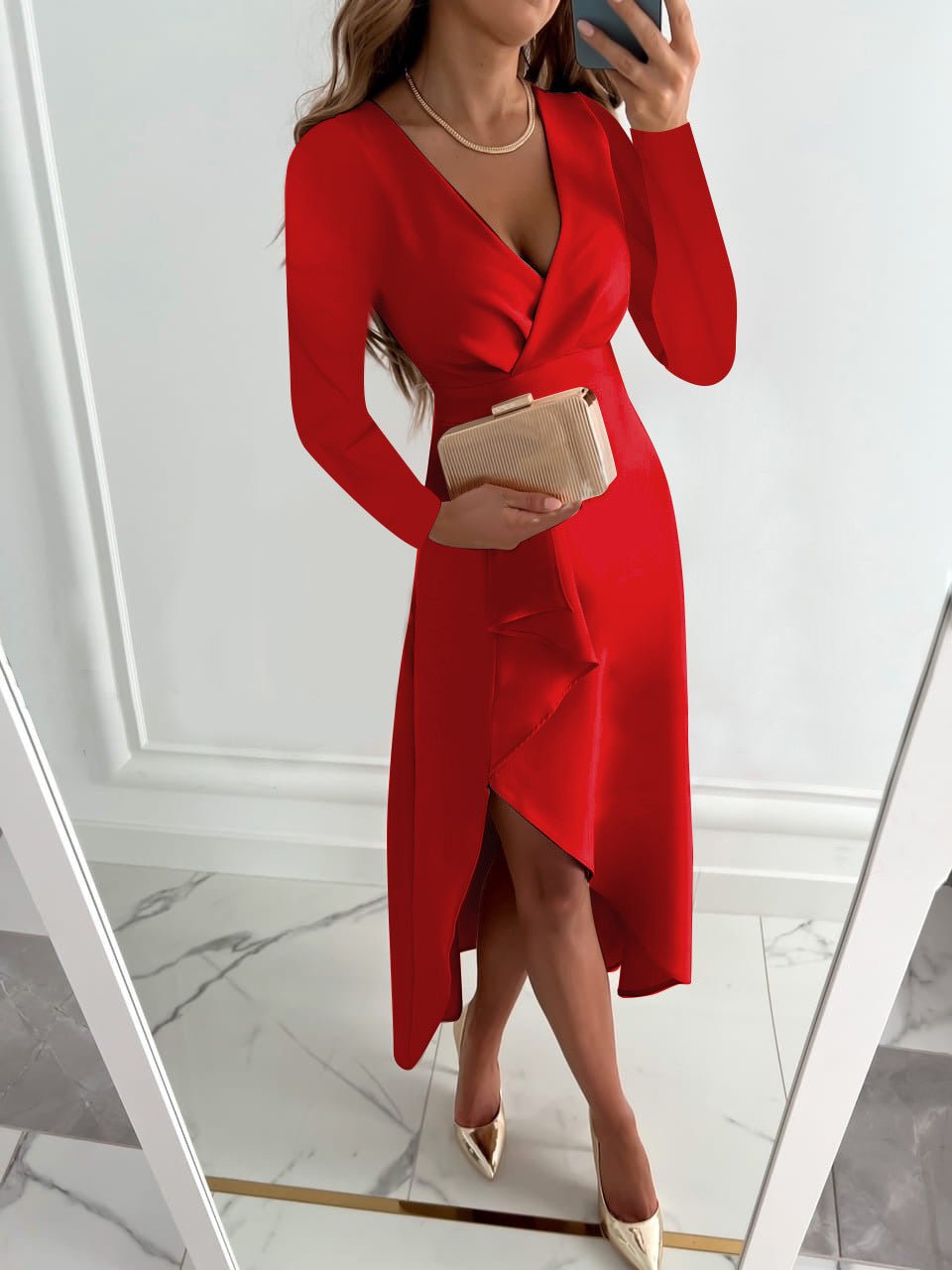 Women's Midi Dress Long-Sleeve Surplice-Neck - Cocktail Party