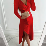 Women's Midi Dress Long-Sleeve Surplice-Neck - Cocktail Party